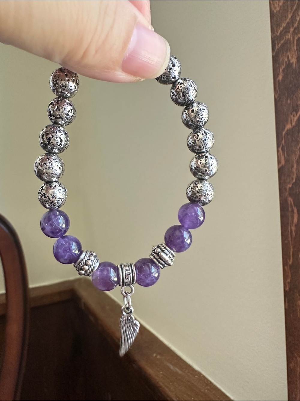 Handmade 9mm Amethyst & Silver Lava Bead Stretch Bracelet Angel Wing Charm